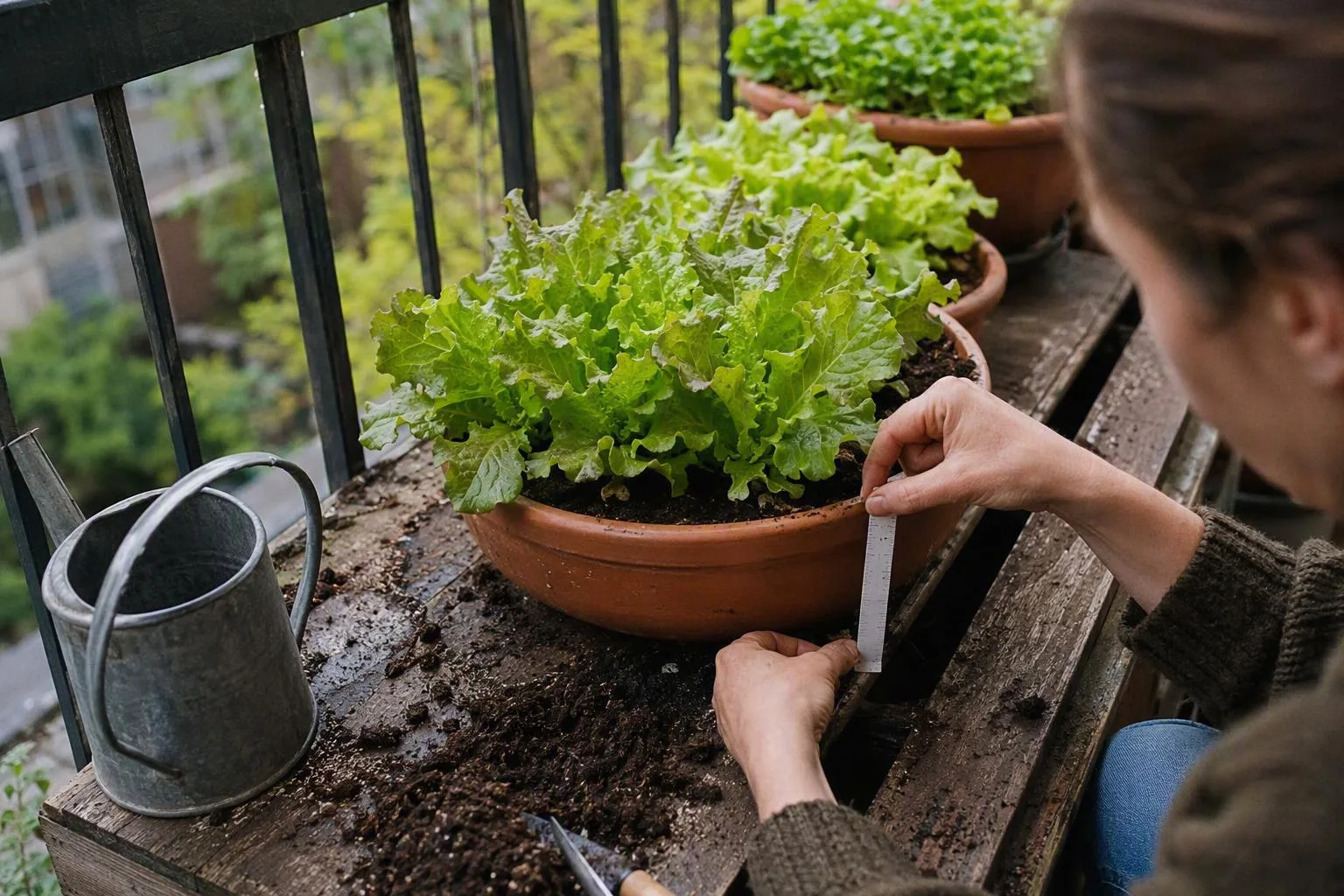 Healthy lettuce grows well in a shallow terracotta pot on a small apartment balcony.