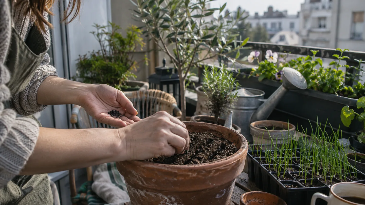 A gardener sows tiny onion seeds into a pot on a small balcony, showing how to start onions in limited space.