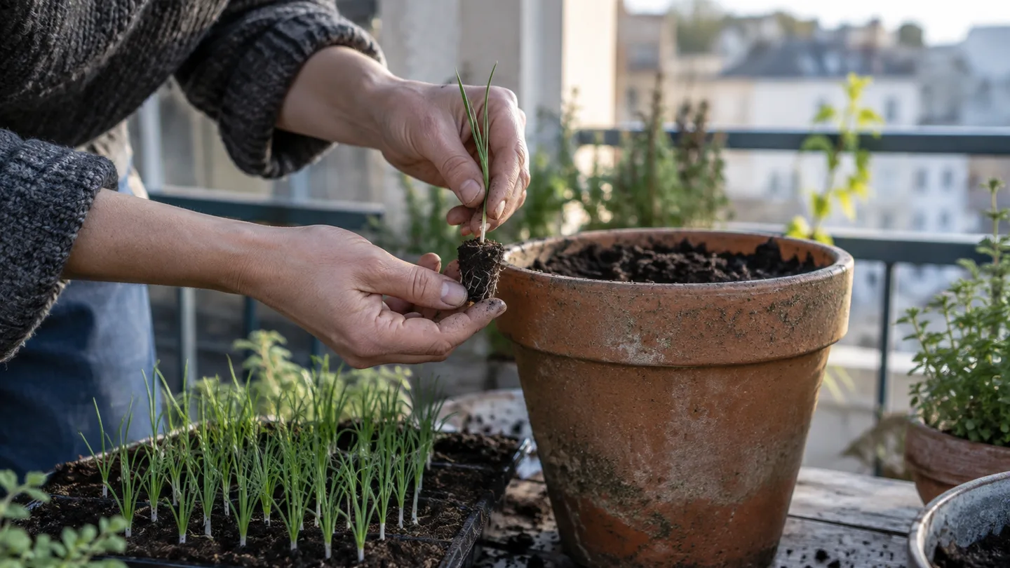A shallow tray of onion seedlings sits beside a deeper pot, showing the containers used at different growing stages.