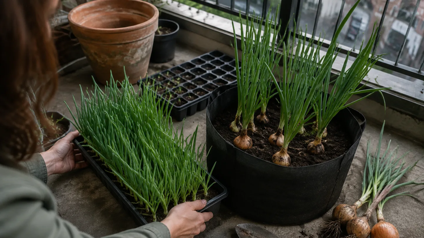 Hands compare a shallow tray with a deeper grow bag, showing young greens and mature bulbs ready to harvest.