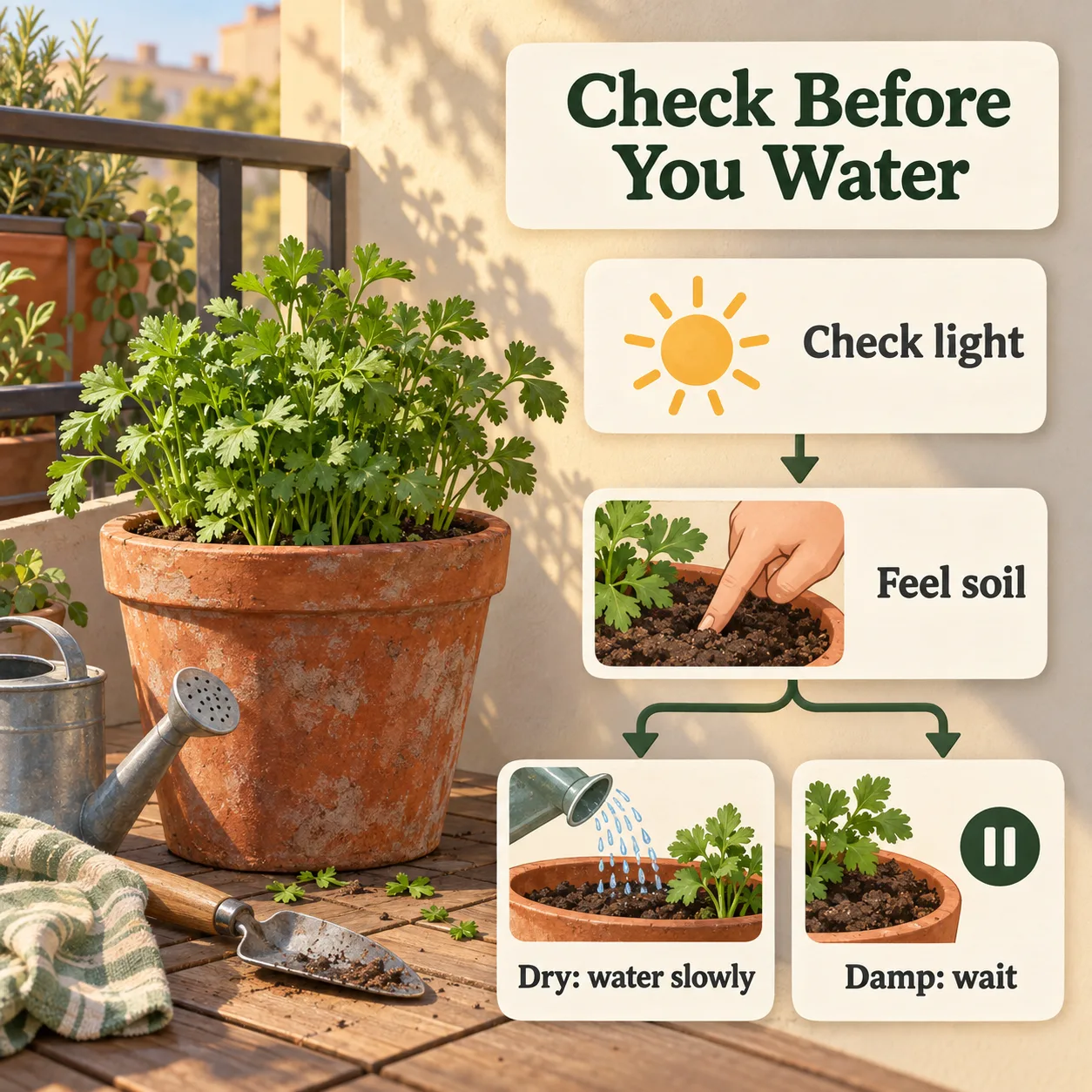 A parsley pot flows through light and soil checks to either slow watering or waiting.