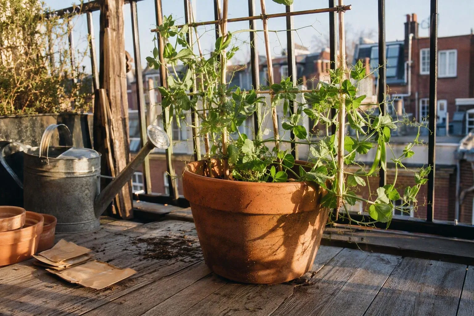 A stable deep pot supports leafy pea vines on a bamboo trellis above city rooftops.