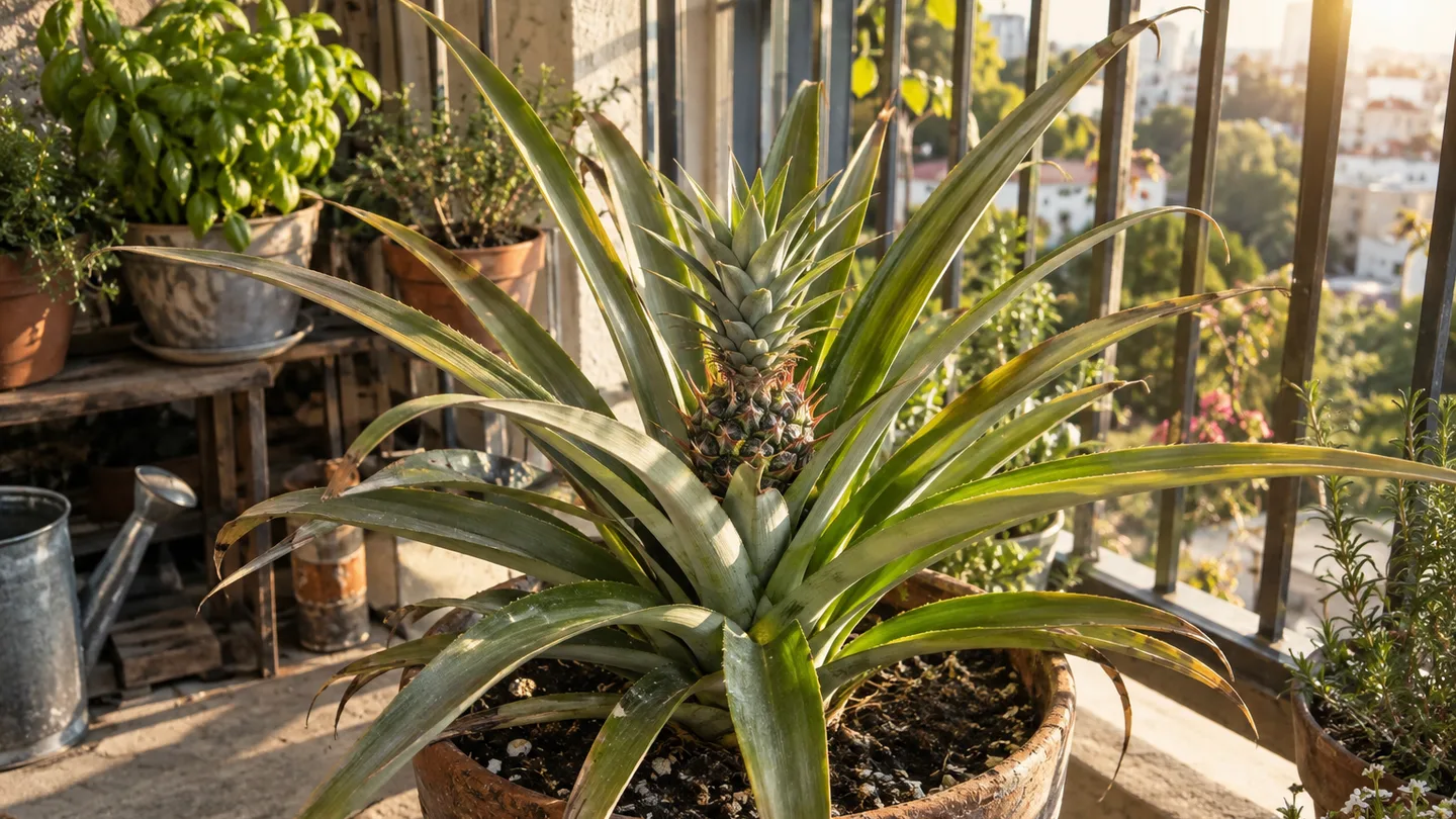 A mature pineapple plant in a clay pot has a small fruit forming at its center on a sunny balcony.