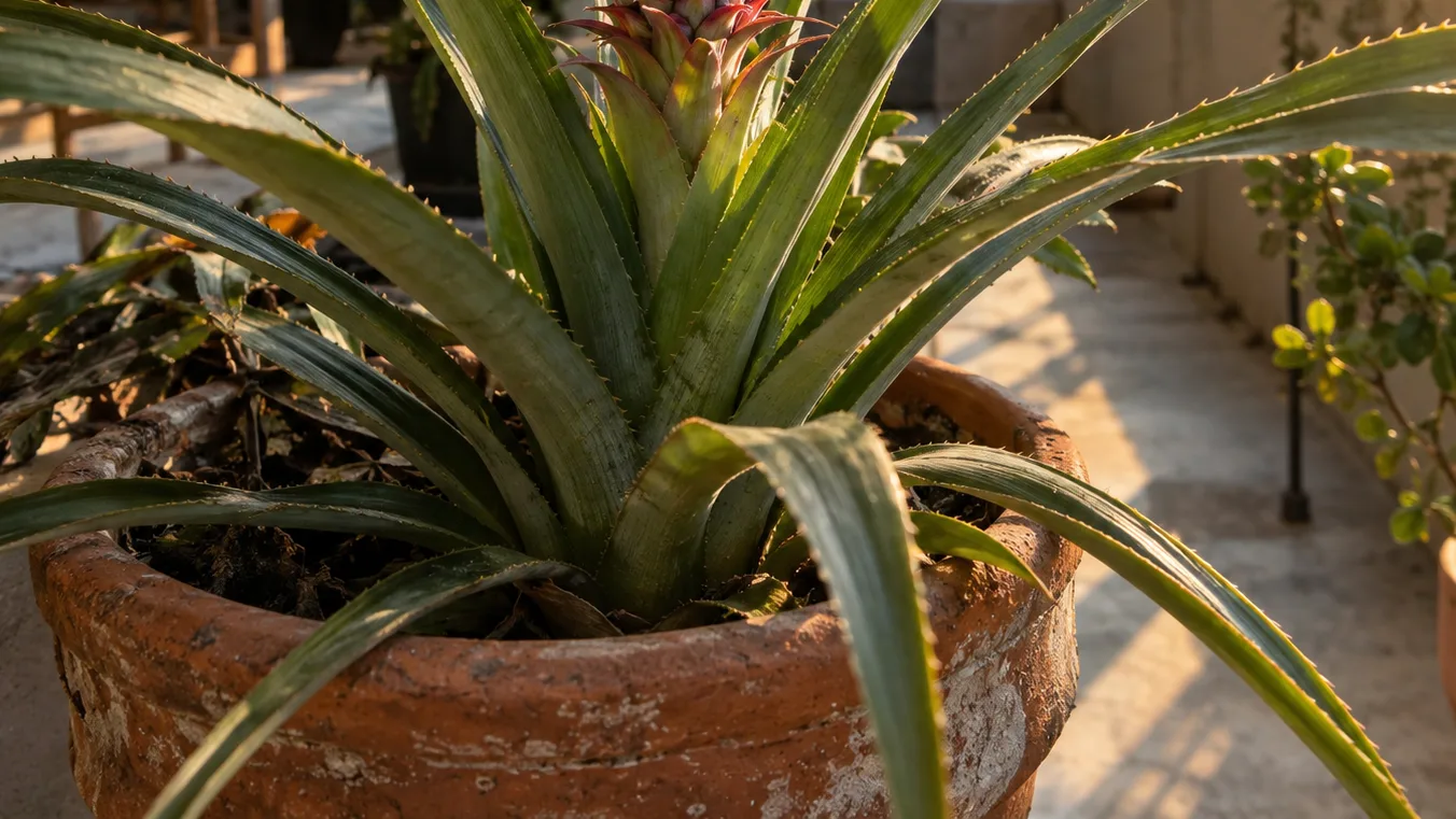 A reddish flower head rises from the center of a pineapple plant in a balcony pot.