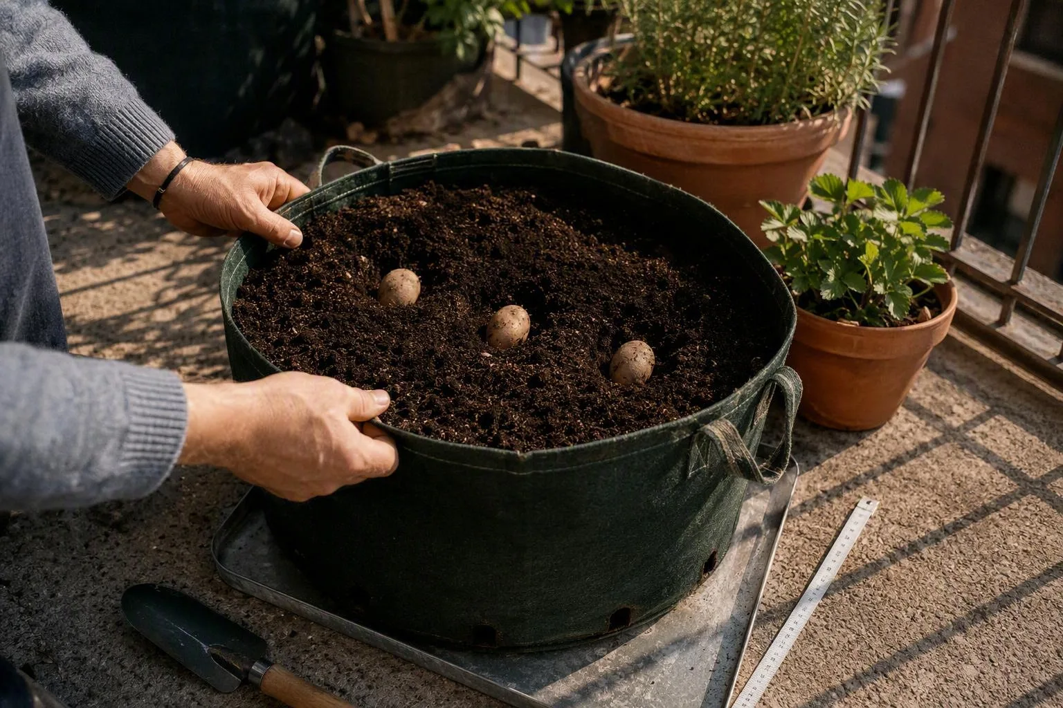Healthy potato foliage growing from a broad container on a sunny apartment balcony.