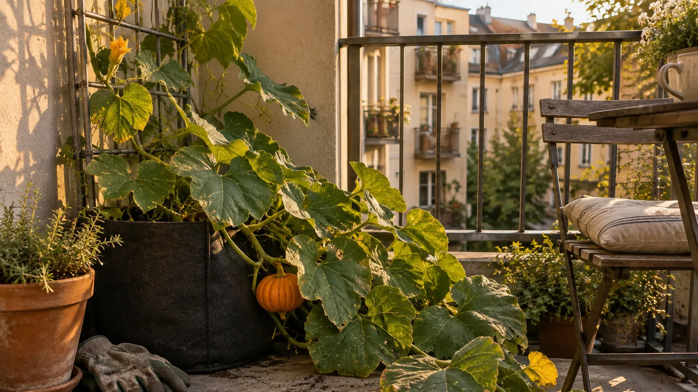 A compact pumpkin plant thrives in a grow bag on a small balcony, showing the crop can fit a modest outdoor space.