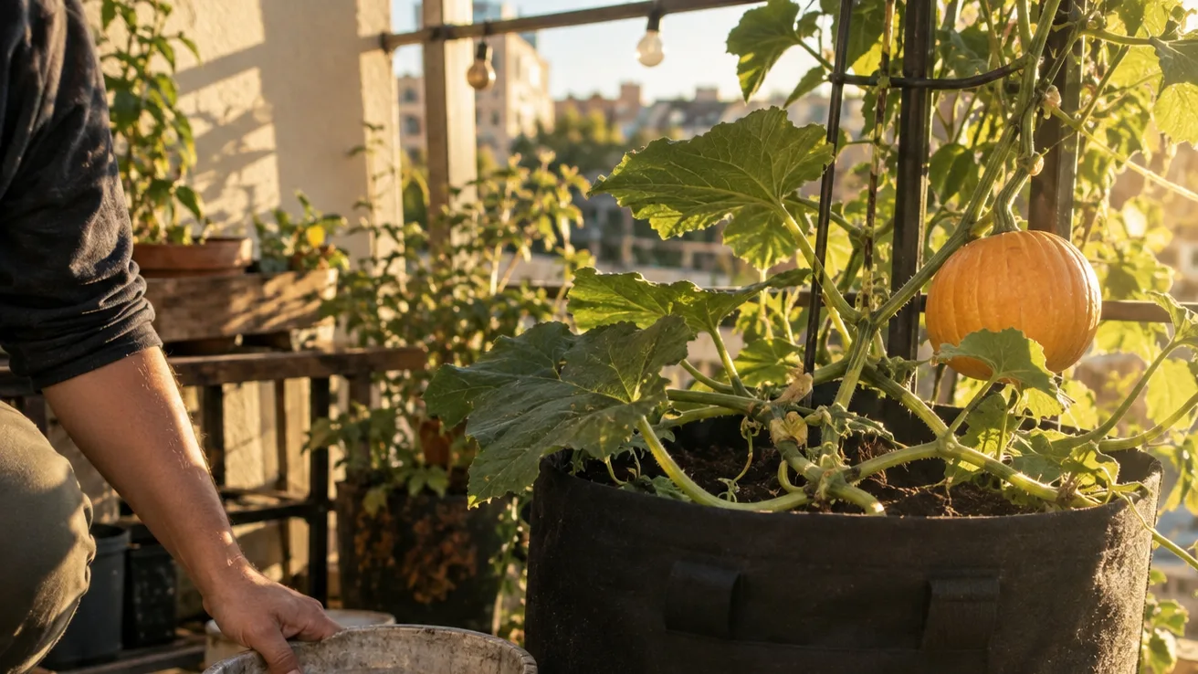 A pumpkin vine trails from a roomy grow bag beside a small bucket, showing the space it needs.