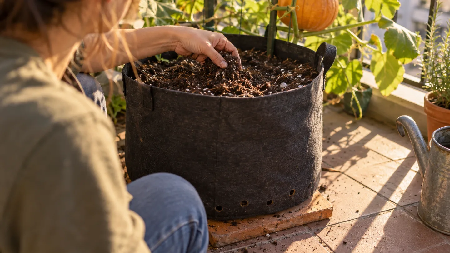 A hand lifts loose potting mix while open holes at the grow bag’s base show how excess water can escape.