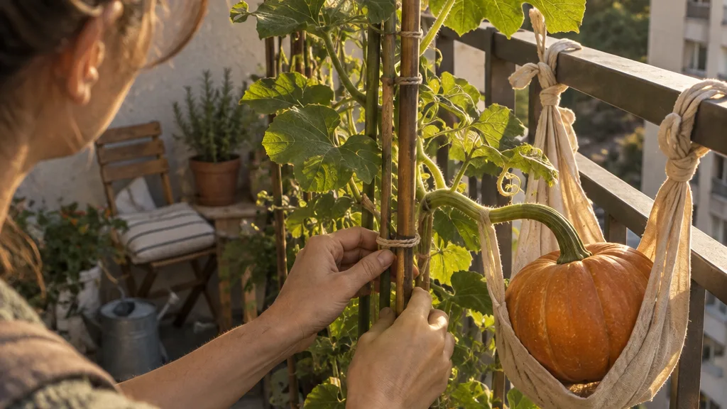 A pumpkin vine climbs a trellis while a sling supports its developing fruit beside yellow flowers.