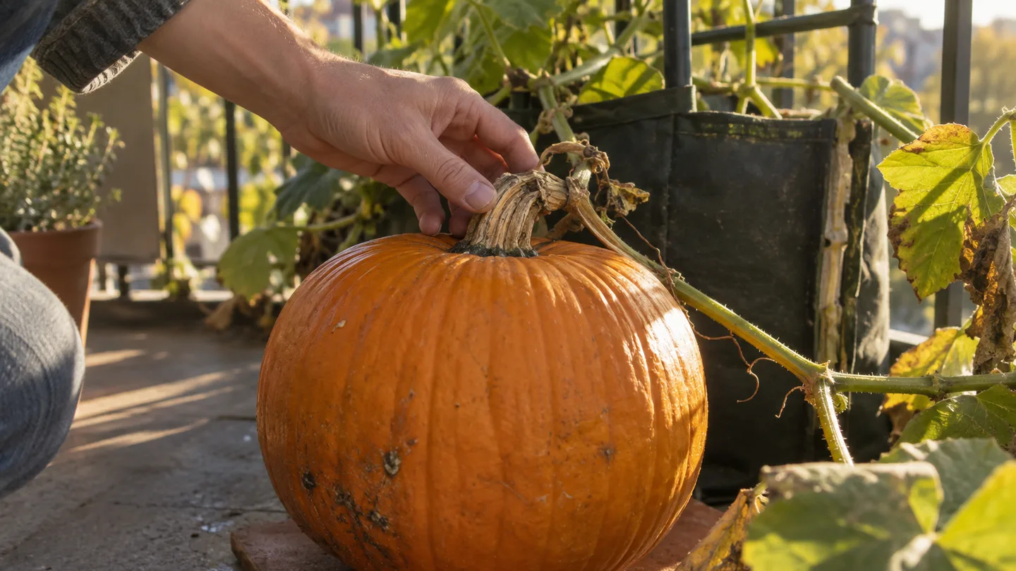 A ripe pumpkin rests on a terracotta tile while a hand checks its dry stem before harvest.