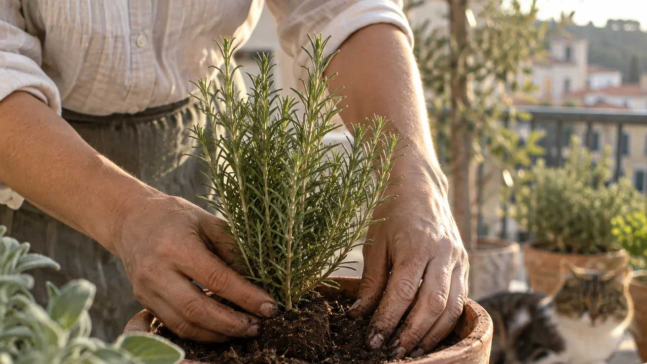 Hands plant rosemary in dry soil with its crown clearly above the mix.
