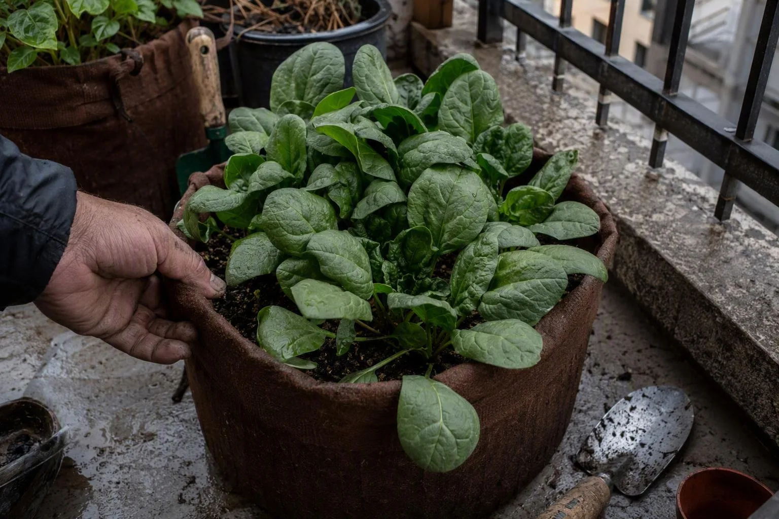Healthy spinach growing in a pot on a small balcony