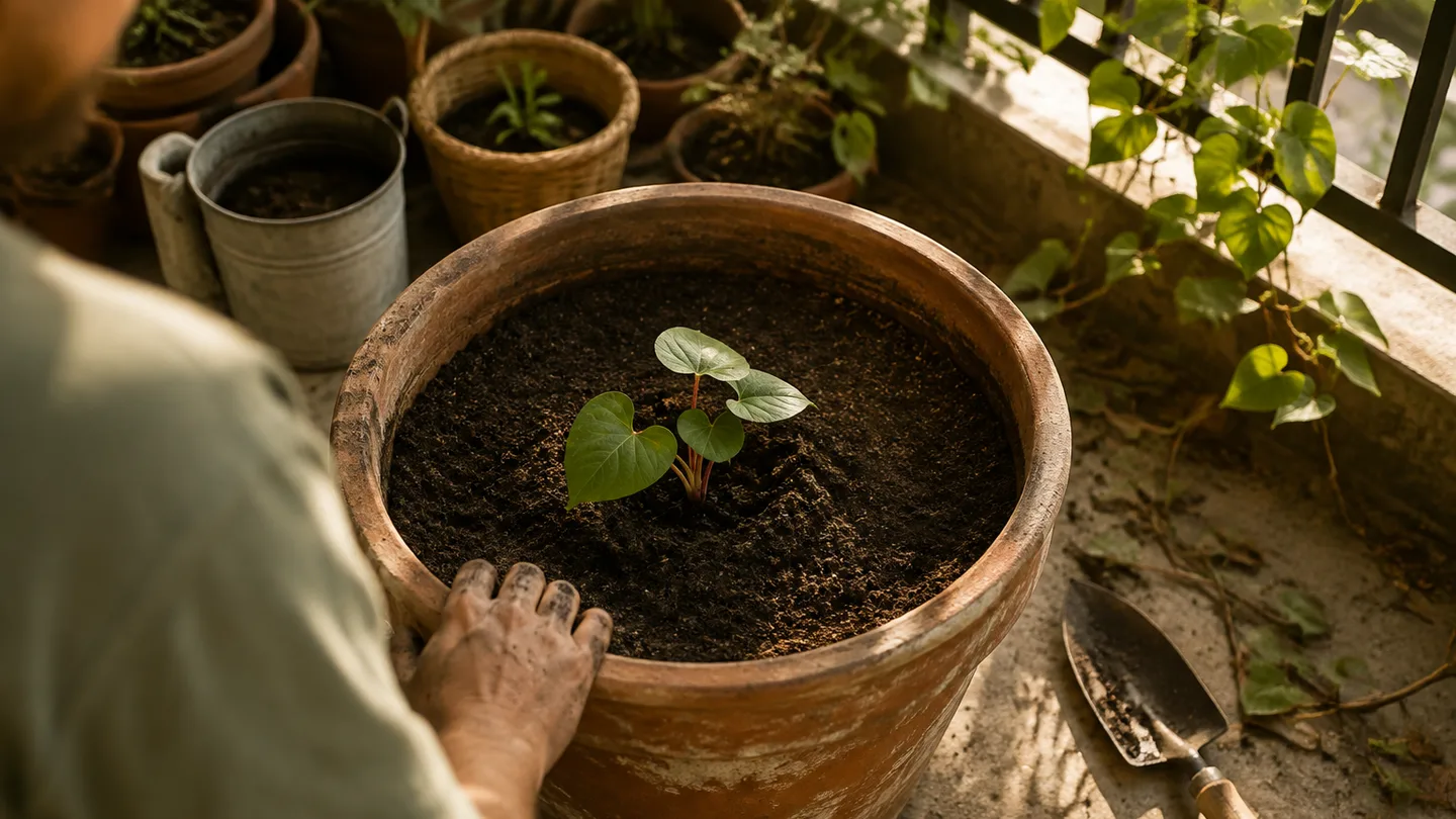 A young sweet potato plant sits in a roomy pot beside a gardener’s hand, showing the space it needs to grow.