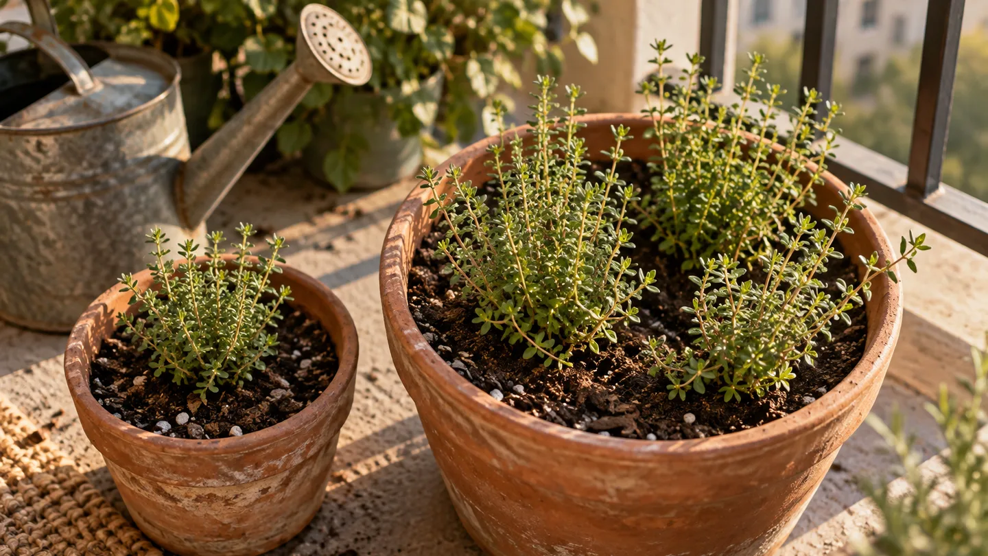 A single thyme plant in a small clay pot sits beside a larger container holding several plants, showing the difference in pot