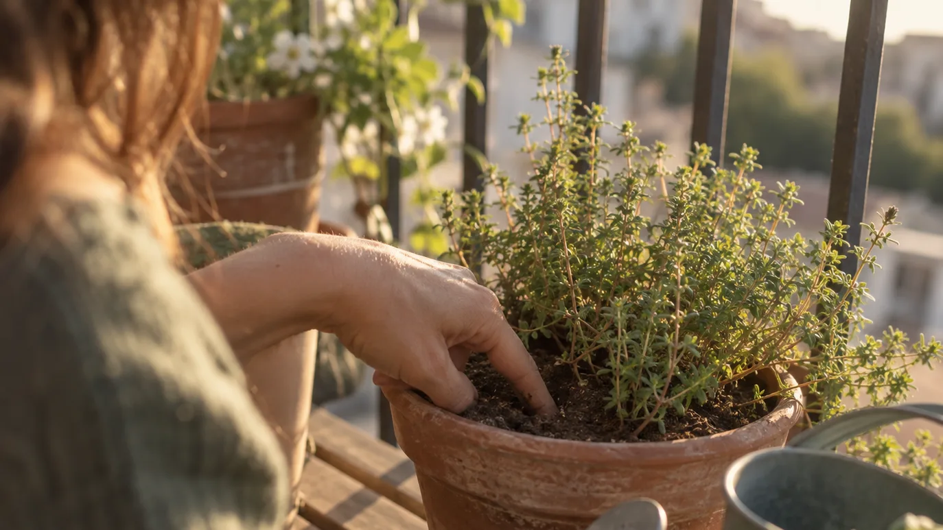 A fingertip checks the soil beside a potted thyme plant before watering.