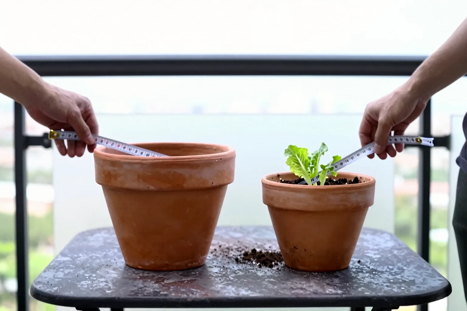 A ruler measures the inside depth of a tapered planter beside a litre jug.