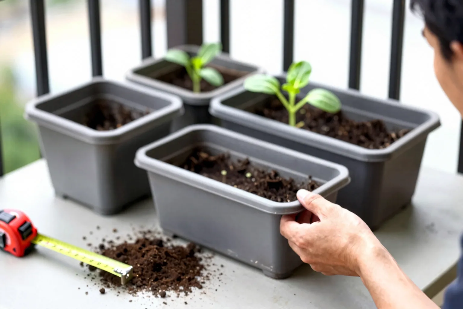 Three planters of different depths sit beside a tape measure and seedlings to compare sizes for balcony vegetables.