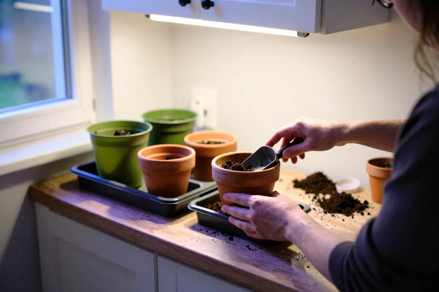 Drainage trays, potting mix, and a small grow light sit beside vegetable pots on a kitchen counter.