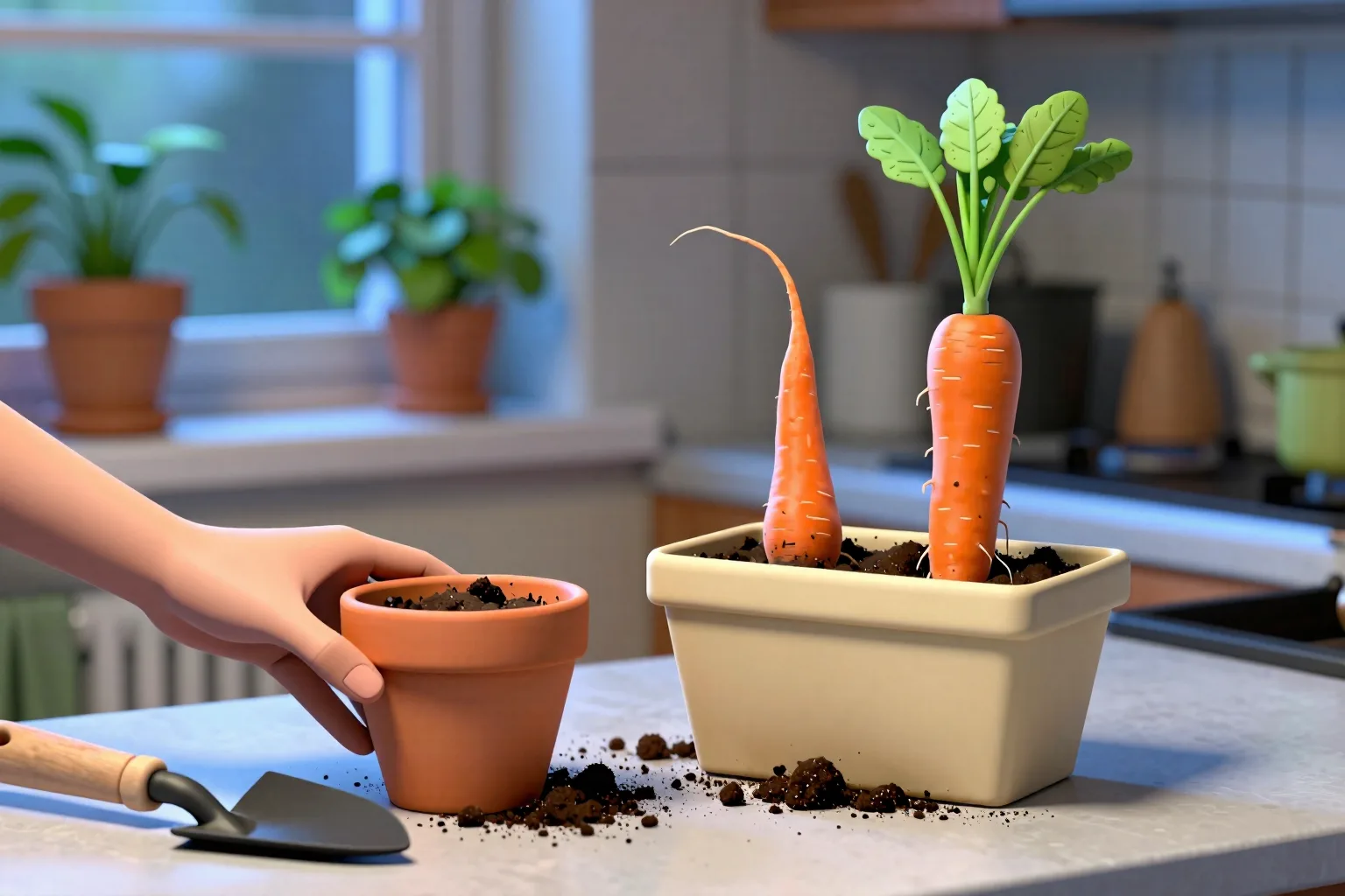 Hands compare short radish roots with long carrot roots beside shallow and deep pots.
