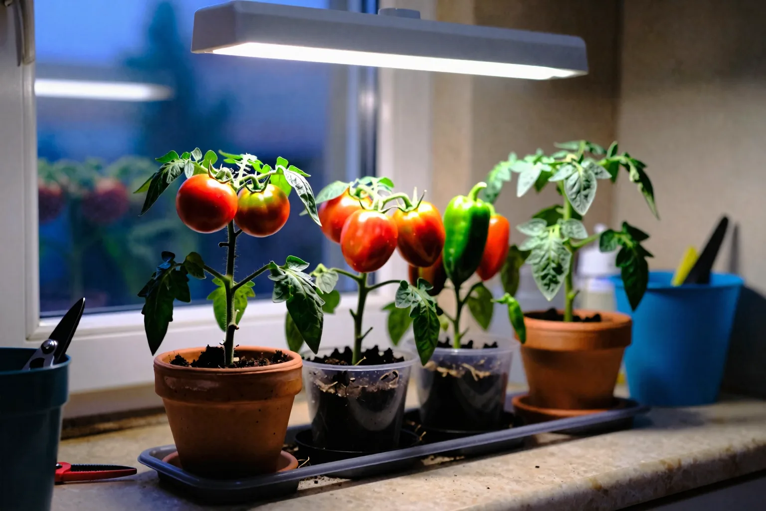 Compact tomato and pepper plants hold small fruit beneath a supplemental lamp on a kitchen counter.