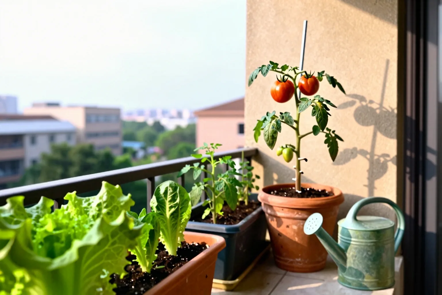 A tomato plant and leafy greens share a small balcony in varied containers, showing how limited space can still grow food.