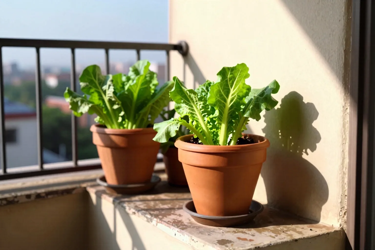 A leafy crop catches direct sun while nearby pots sit in railing shade, showing uneven light across the balcony.