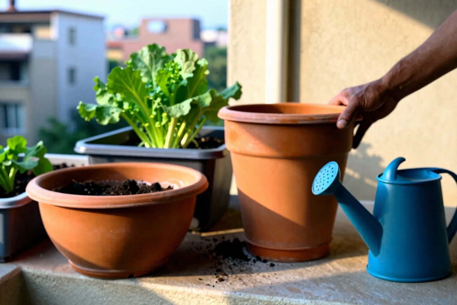 Different balcony pots show how width and depth change the space available for vegetable roots.