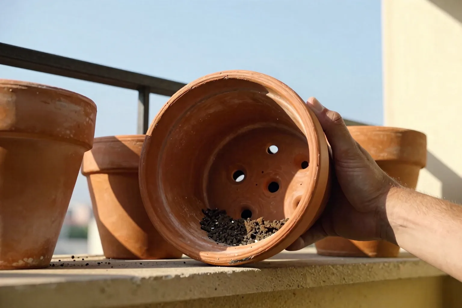 A tipped terracotta pot shows open drainage holes and loose mix, illustrating how water leaves the container.