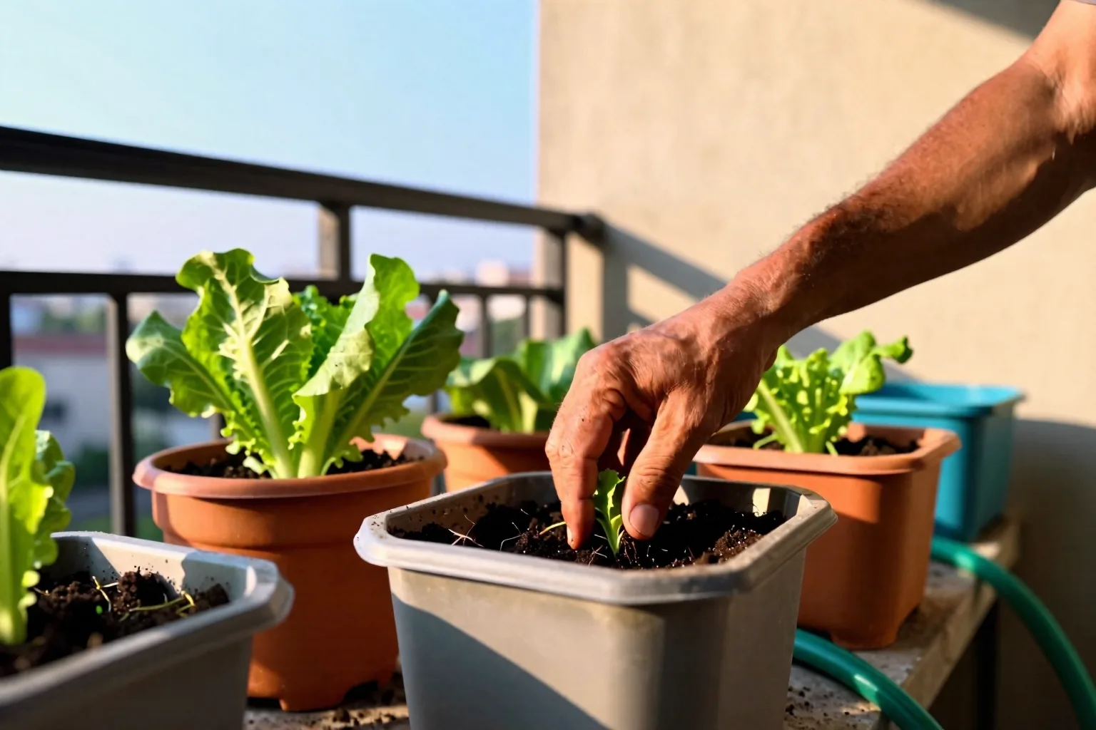 A hand tests the soil in a vegetable pot while other containers wait nearby.