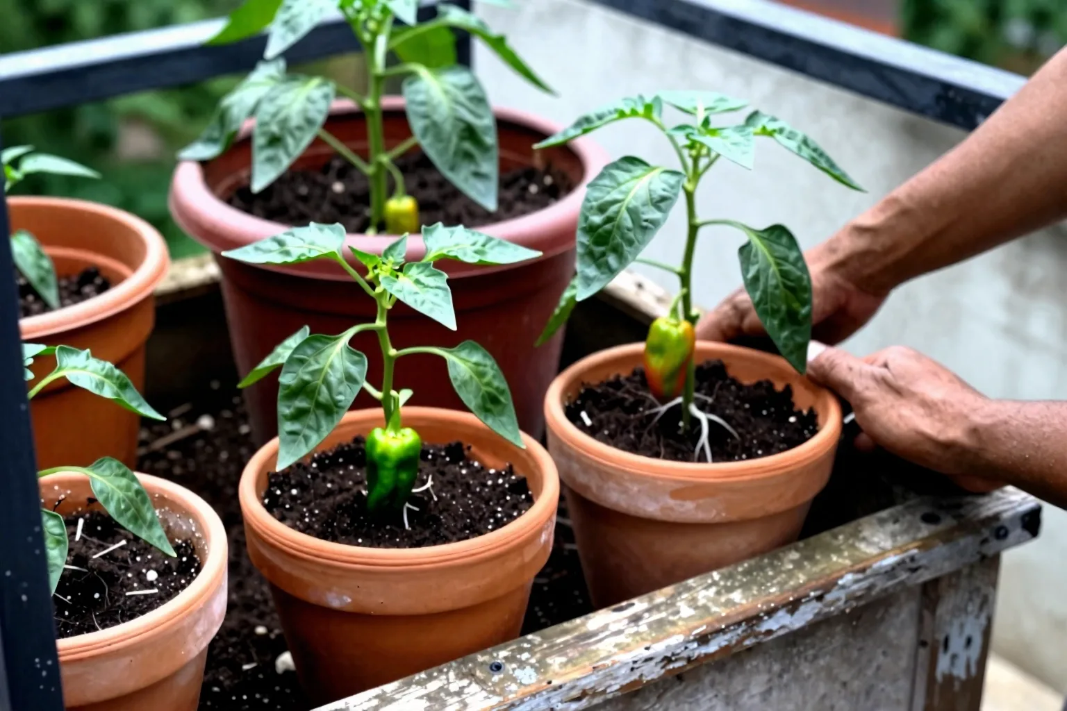 Compact pepper plant beside a deeper tomato container and measuring tape