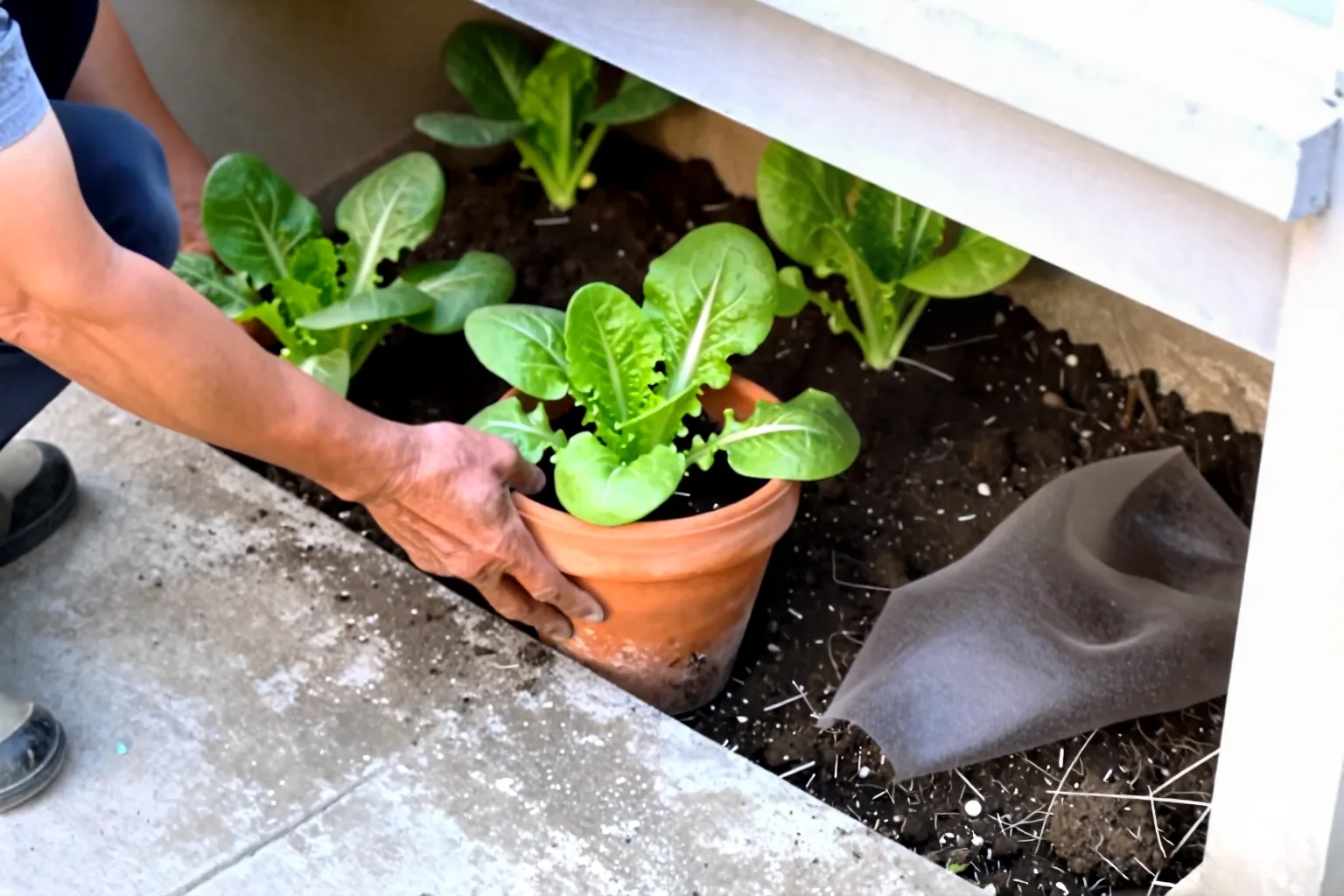 Vegetable containers being moved from sunny paving beside a sheltered doorway