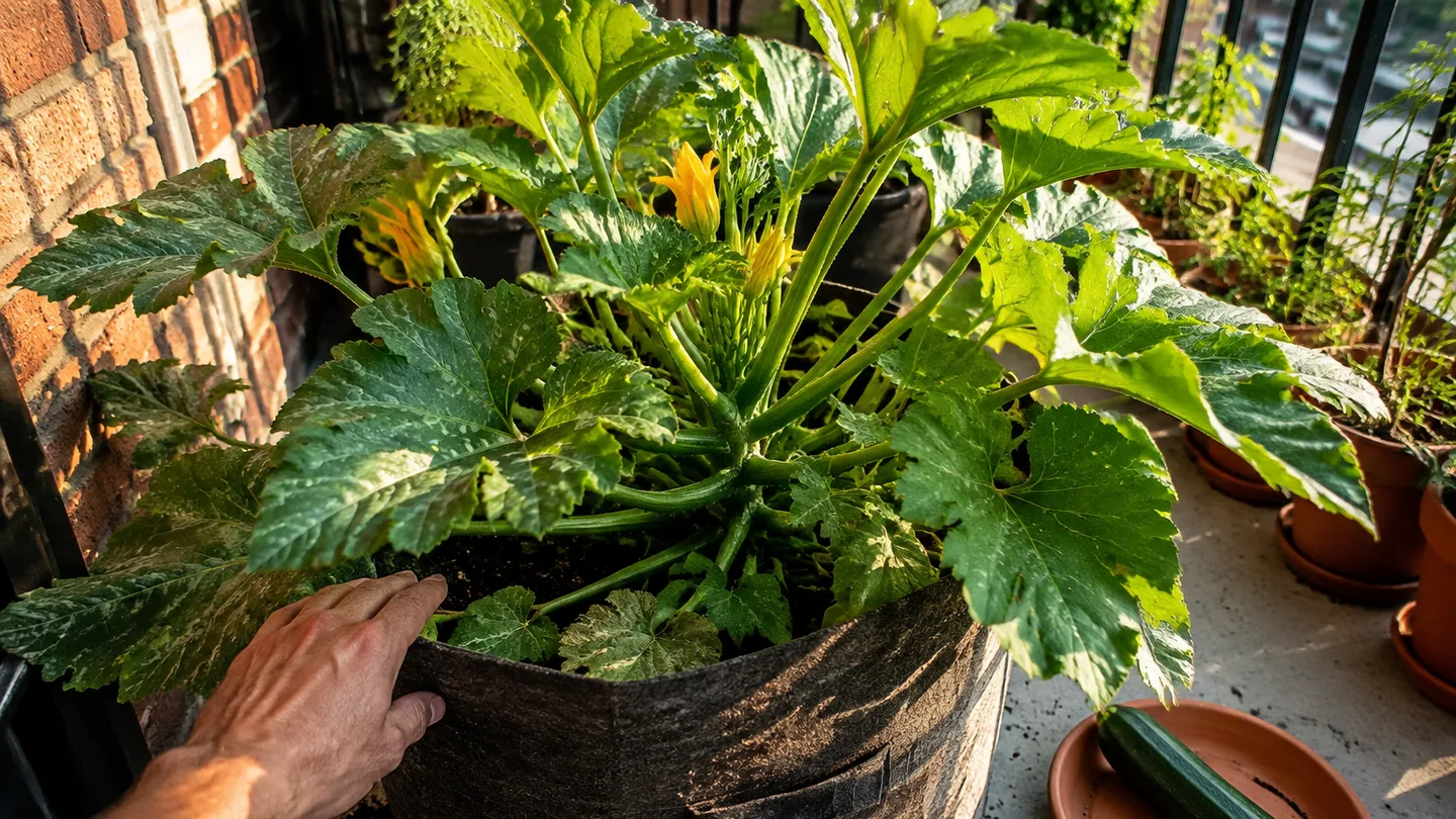 A lush zucchini plant fills a roomy grow bag on a sunny apartment balcony, showing the space needed for one crop.