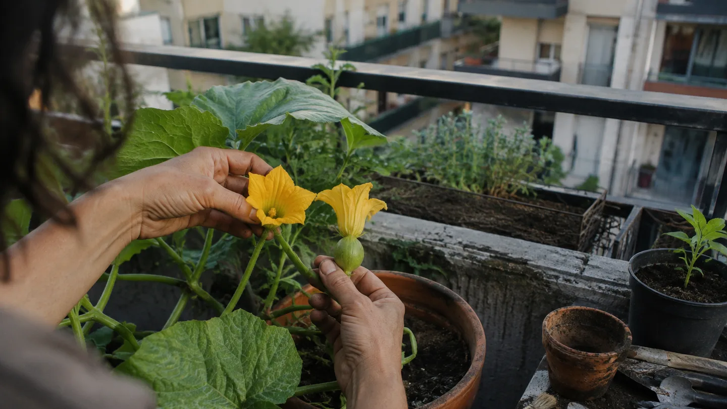 Hands compare male and female squash flowers on a potted vine before pollinating them by hand.