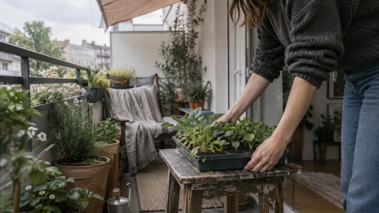 Young seedlings rest in sheltered balcony shade as they begin adjusting to outdoor conditions.