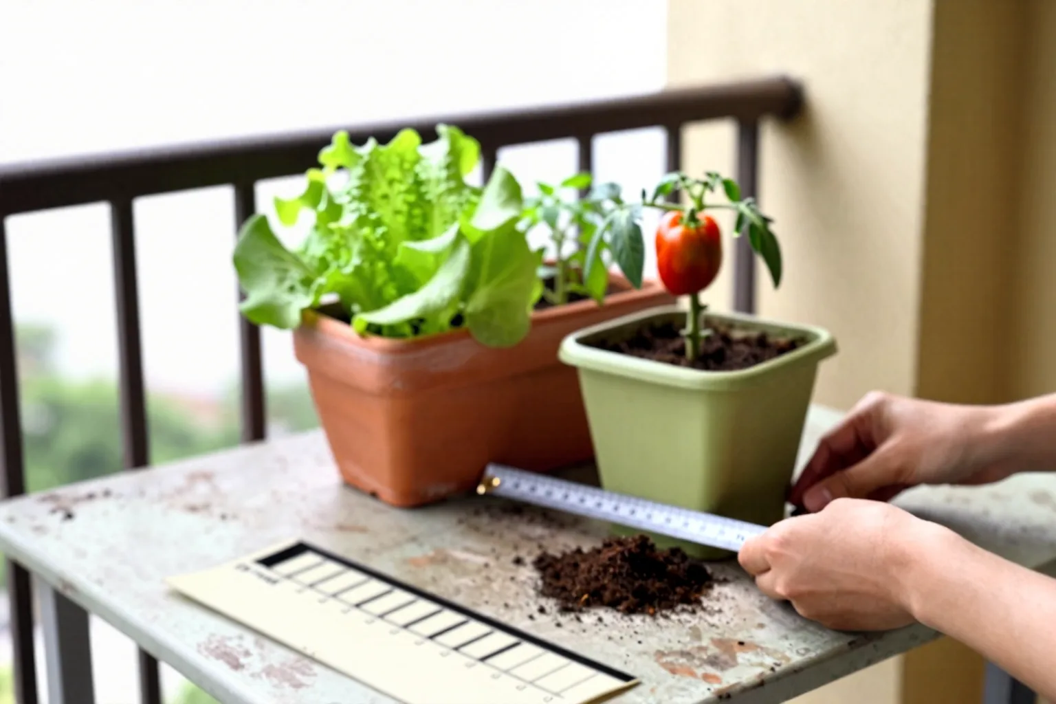 A shallow greens planter sits beside a deeper fruiting-crop pot and ruler, showing their different space needs.