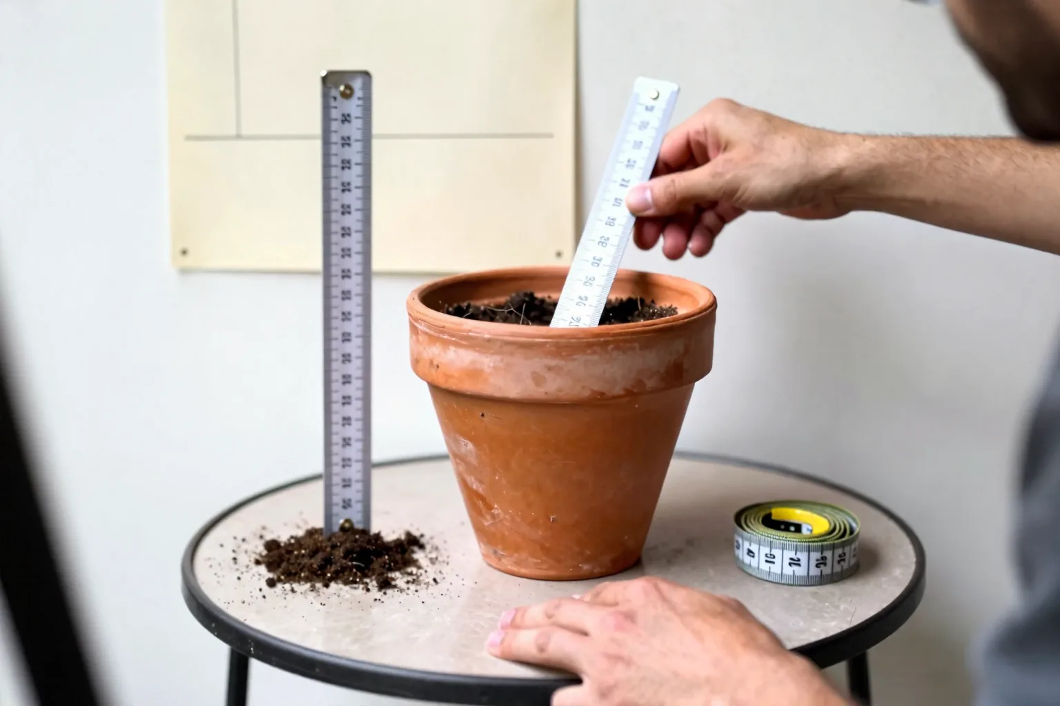 A tapered terracotta pot is measured inside and out to reveal its true planting depth.