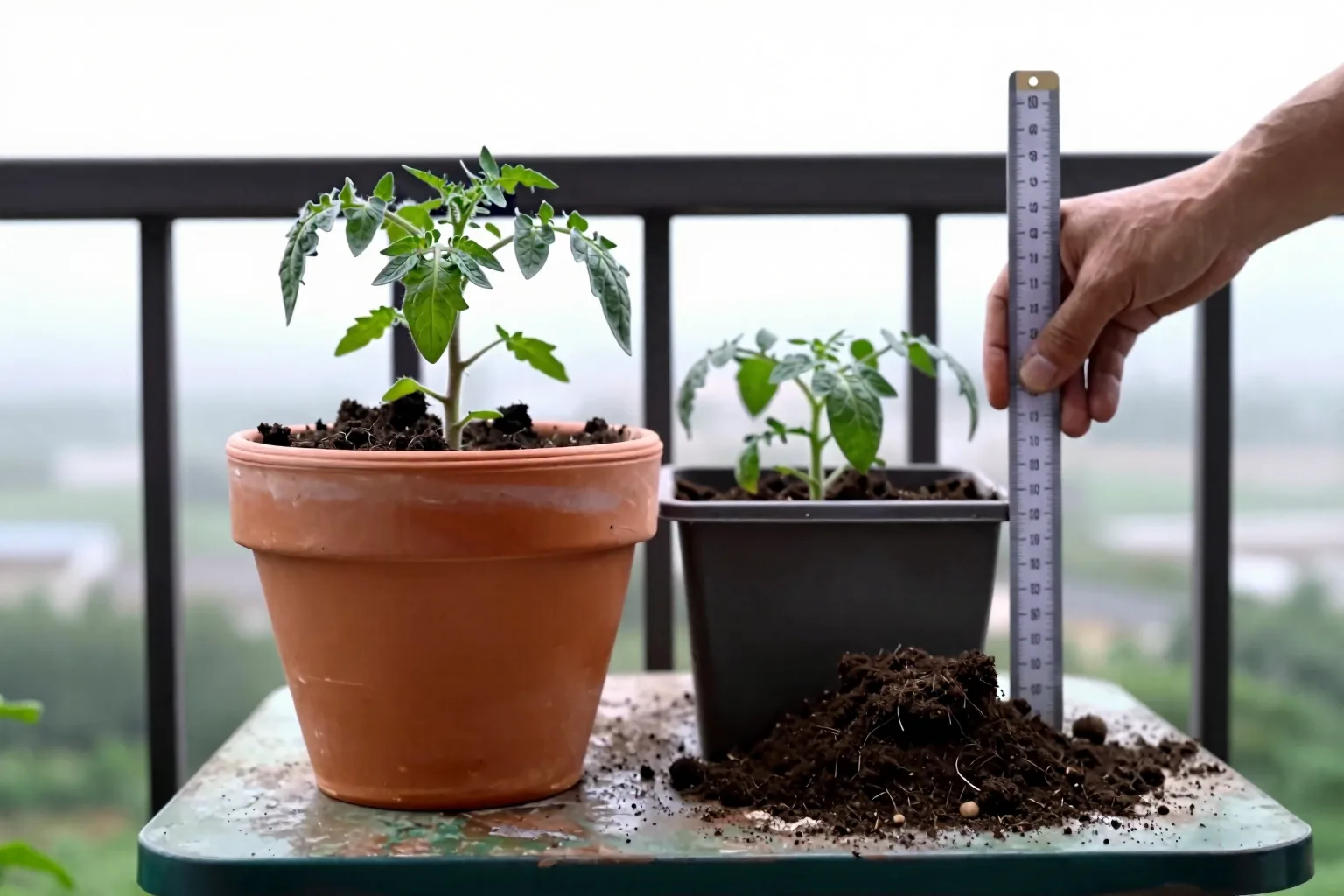 A hand measures spare soil space in tall containers holding a tomato plant and potato foliage.