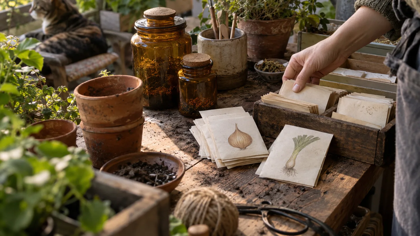 A gardener sorts onion and leek seed packets beside storage jars on a small balcony table.