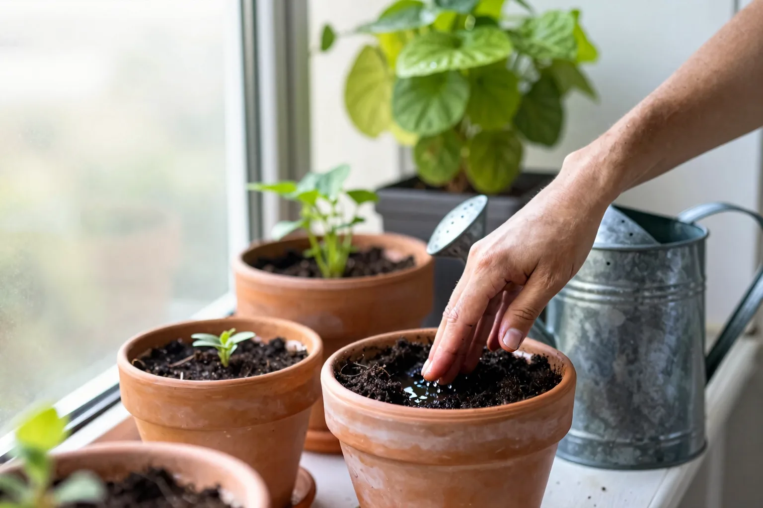A hand tests damp soil beside balcony pots and a watering can showing when to stop watering.
