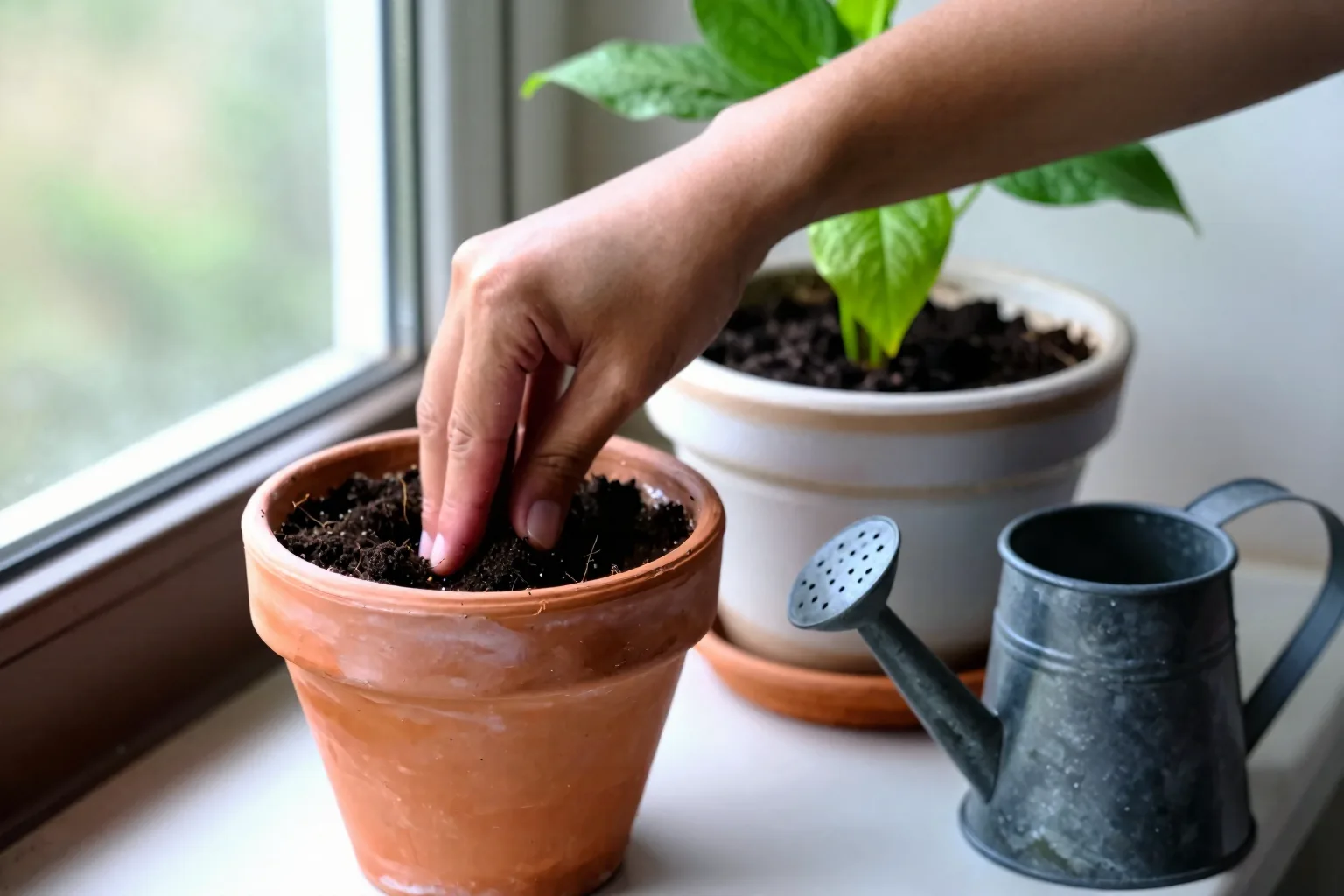 A hand checks dry soil in a small terracotta pot beside a larger glazed pot, showing why containers need different watering.