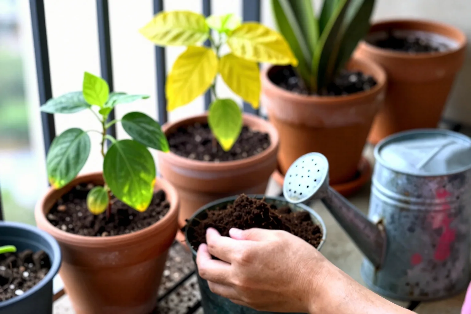 A hand checks soil beside wilted, yellowing, and healthy potted plants to compare their watering needs.
