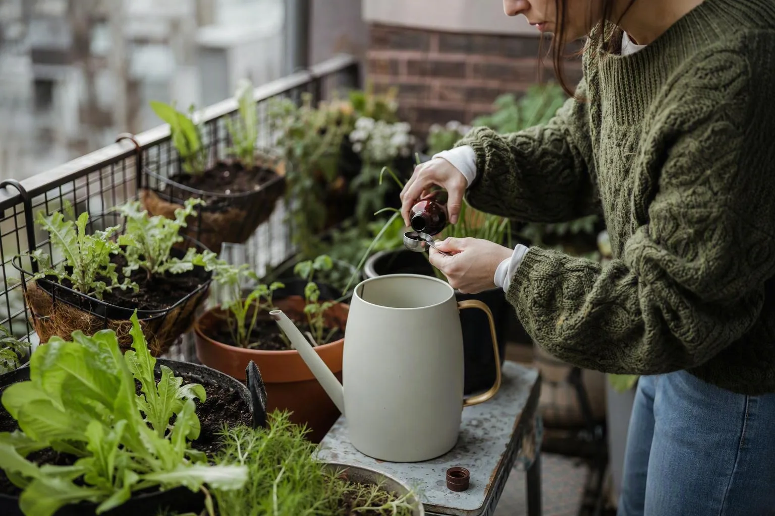 A grower holds diluted fertilizer beside a healthy tomato plant in a balcony pot.