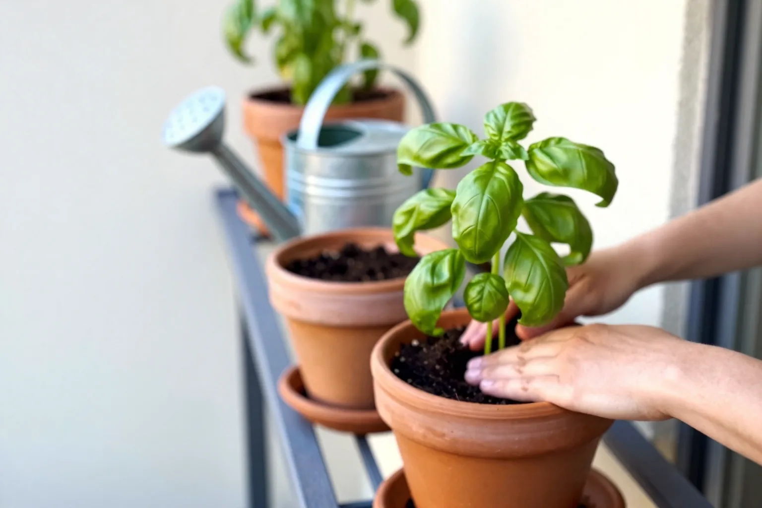 Watering can tipping water into a cluster of herb and vegetable pots on a small sunlit balcony.