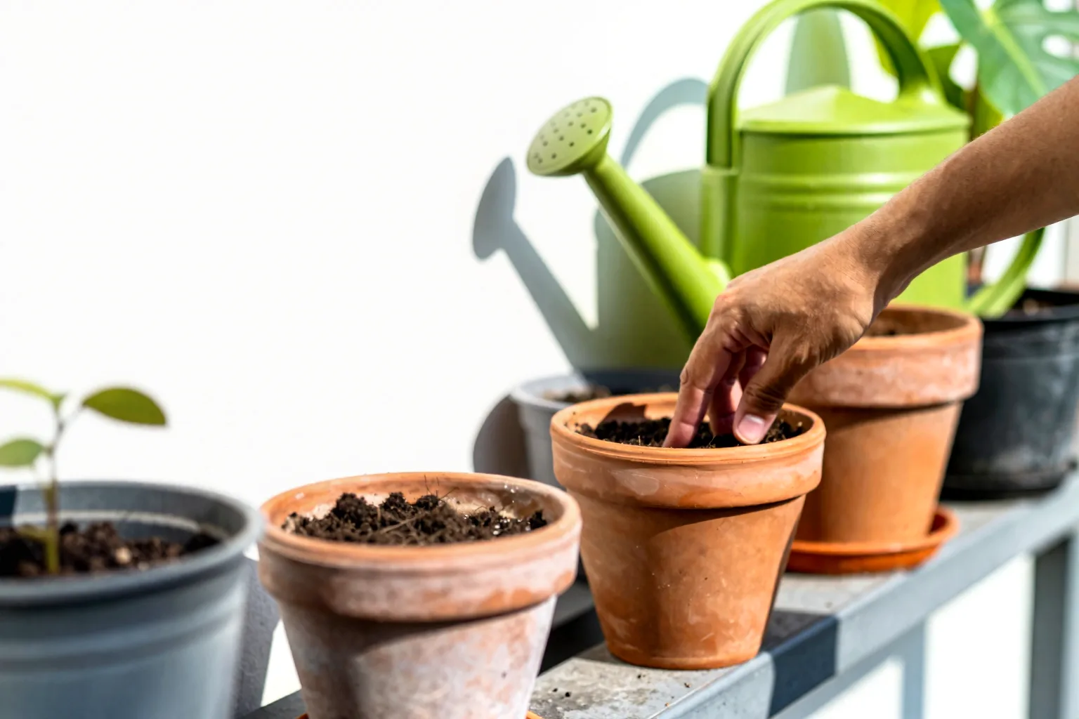 A hand checks one pot’s soil while nearby containers show different watering needs in the heat.