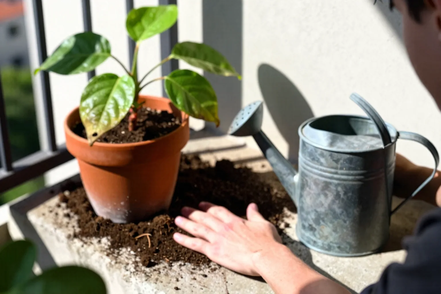 A hand probes potting mix beside a wilted container plant.