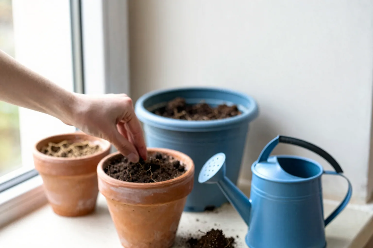 A hand checks soil in a small pot beside containers drying at different rates on a spring balcony.