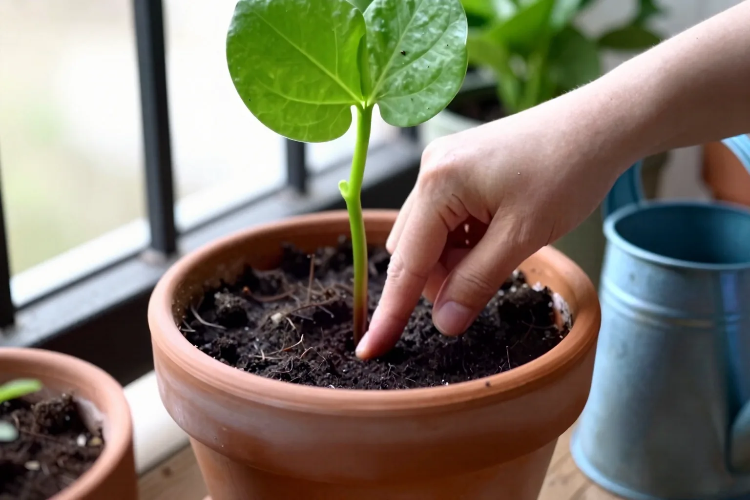 A hand checks soil halfway between a plant stem and the pot rim to judge whether the plant needs water.