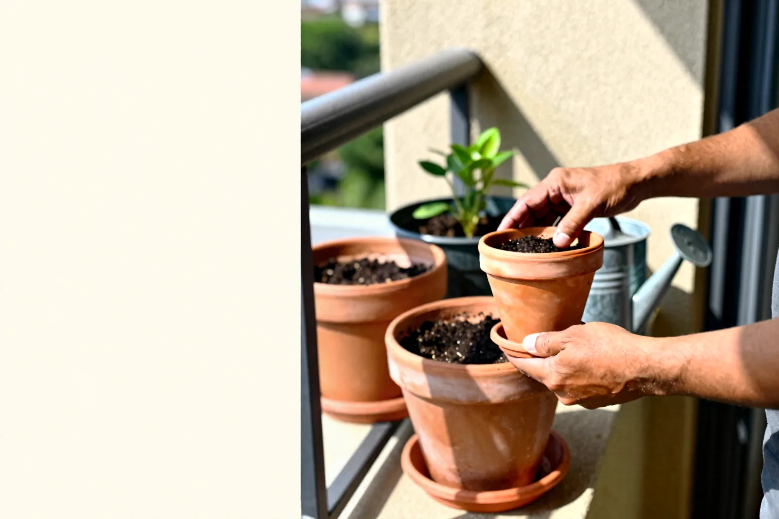 A gardener lifts a potted plant to judge its weight and dry soil before watering on a sunny balcony.