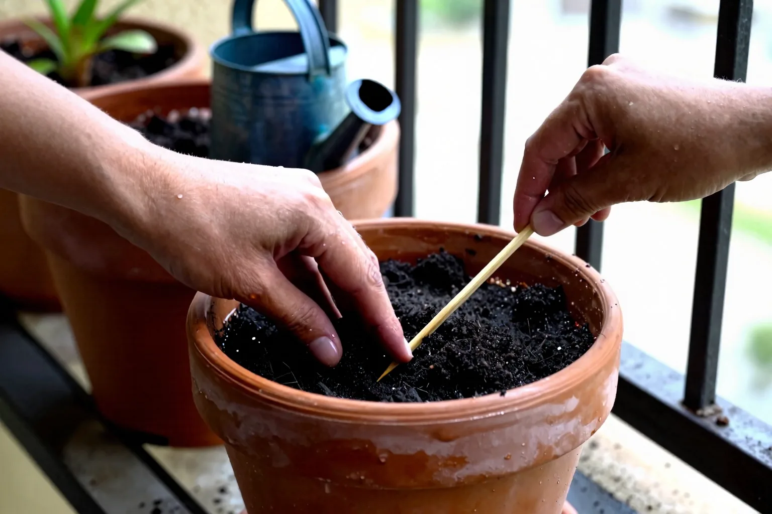 A finger and wooden skewer check moisture in the mix of a potted plant.