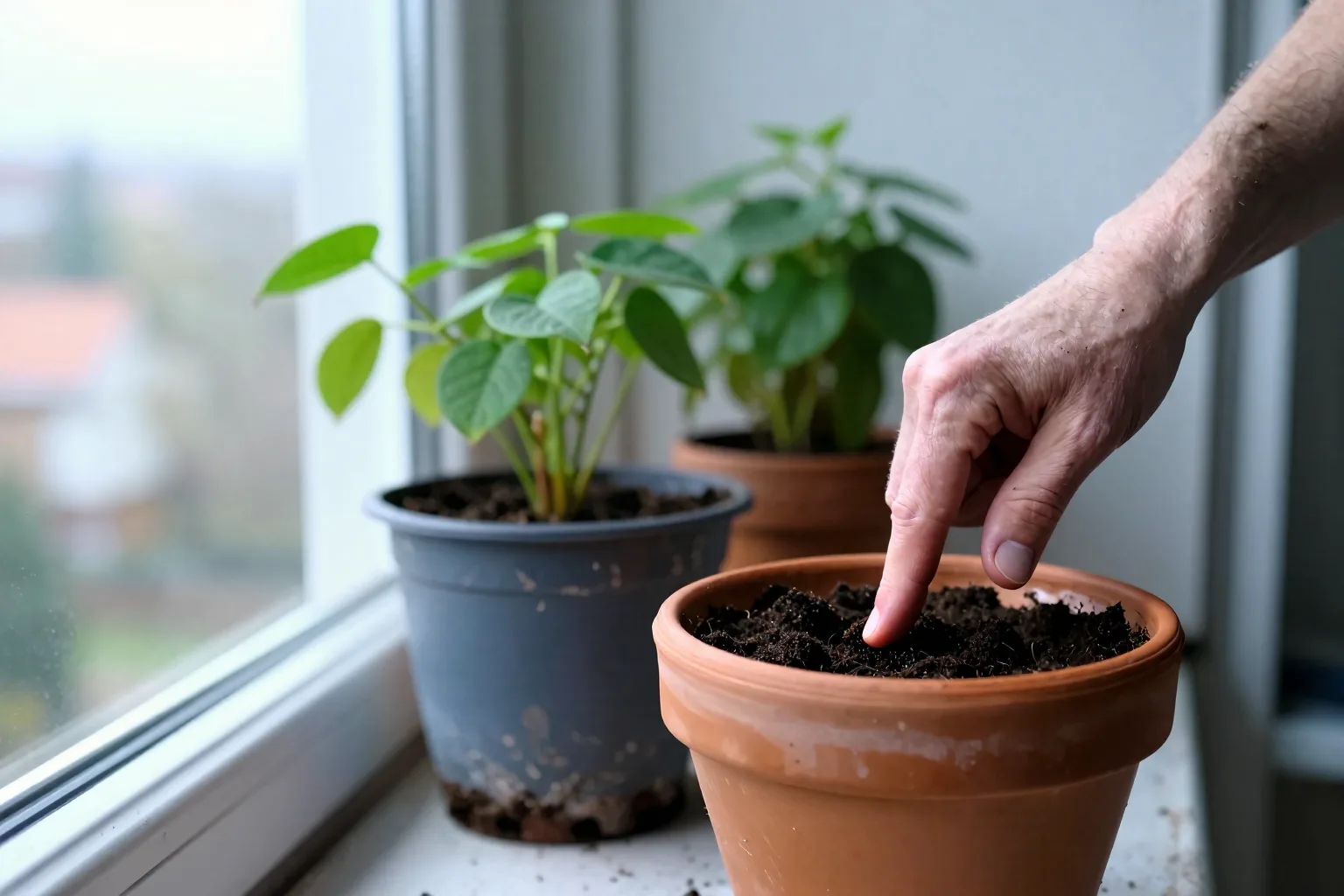 A hand checks the soil of a potted plant between a bright room and a cool balcony before watering.